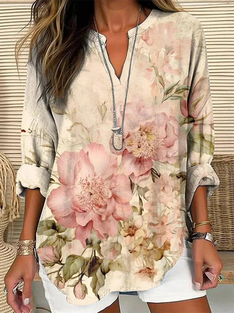 Fashion Long Sleeve Notched Floral Loose Regular Blouse