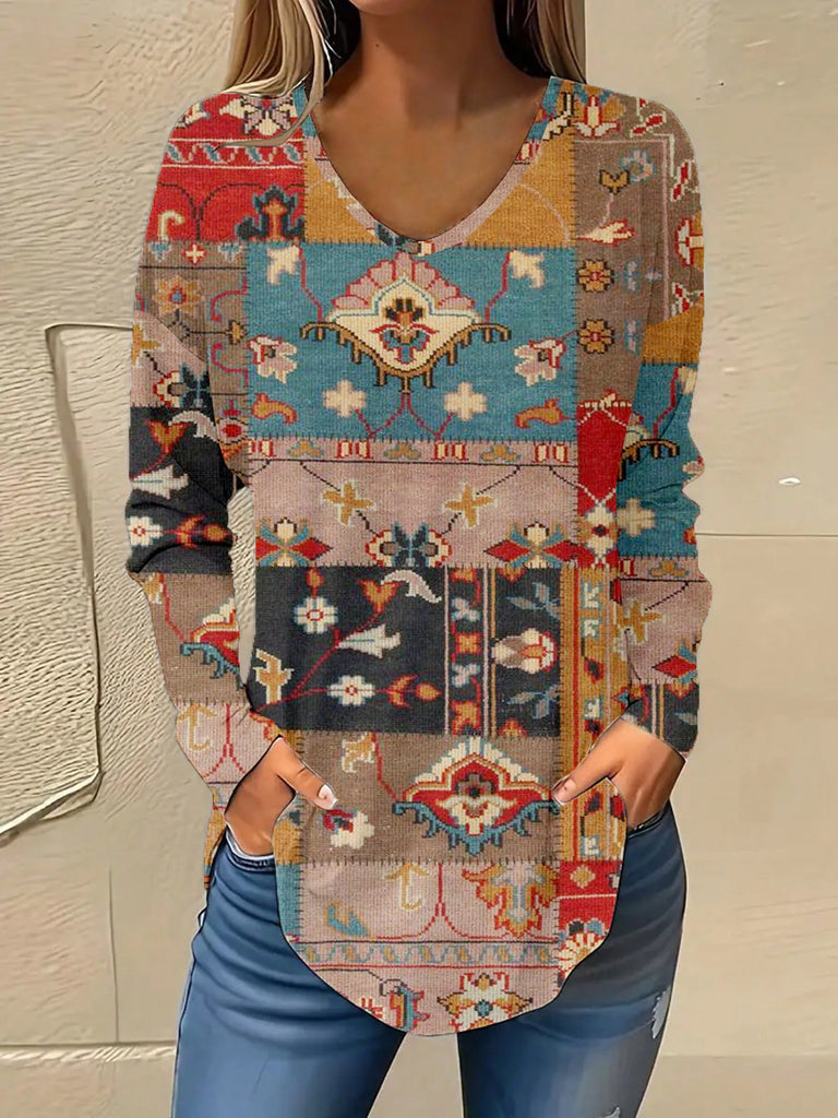 Vintage V Neck Long Sleeve Color Block Loose Regular T-Shirt
