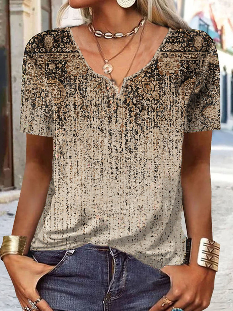Casual Short Sleeve Notched Ethnic Fashion Regular T-Shirt