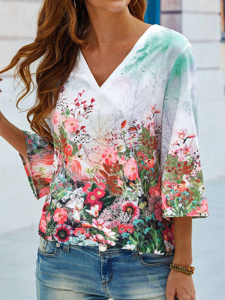 Fashion 3/4 Sleeve V Neck Floral Regular Blouse