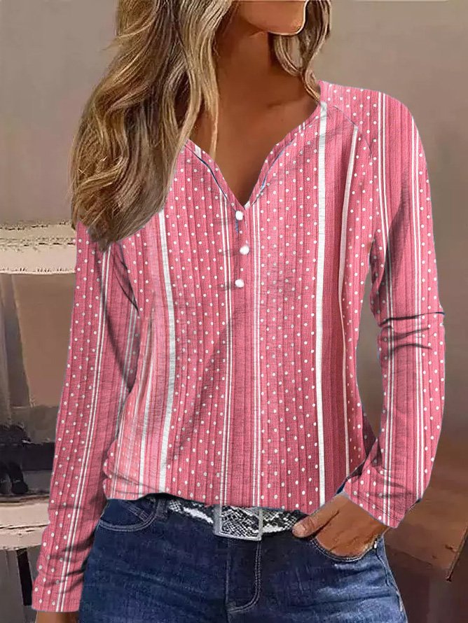 Fashion V Neck Long Sleeve Geometric Casual Regular T-Shirt