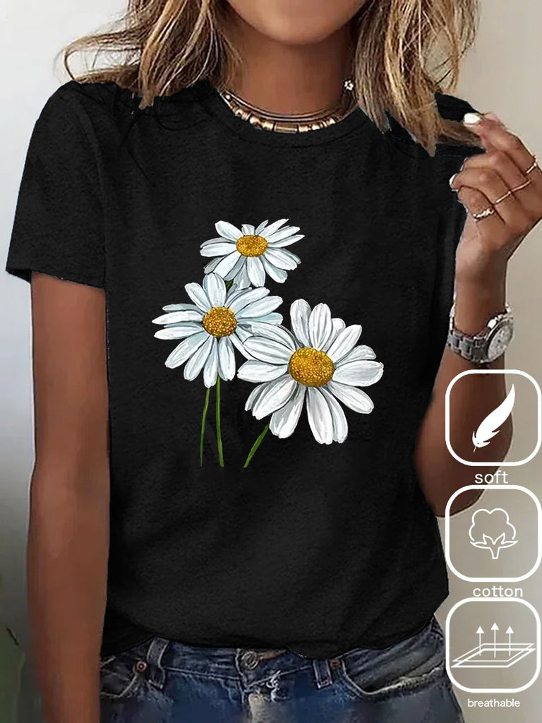 Fashion Short Sleeve Crew Neck Daisy Casual Regular T-Shirt