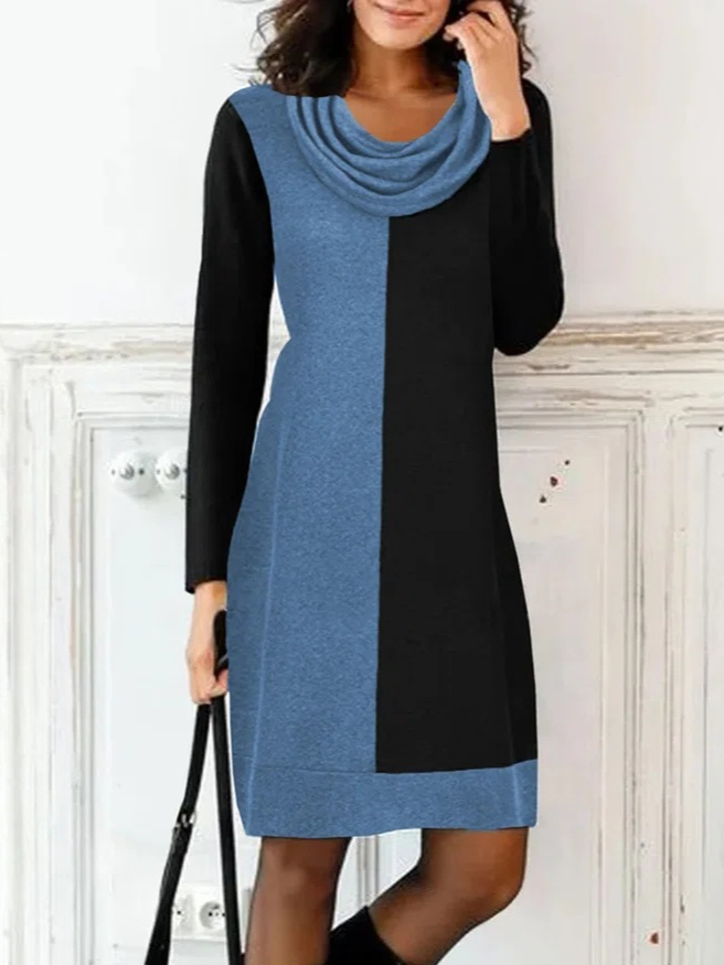 Fashion Long Sleeve Turtleneck Color Block Loose Short Dress
