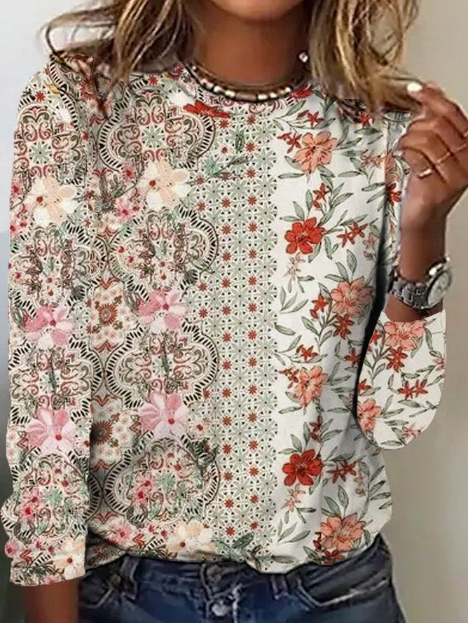 Casual Crew Neck Long Sleeve Floral Fashion Regular T-Shirt