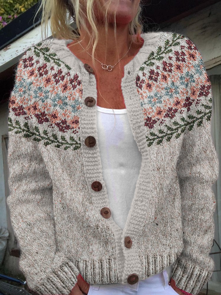 Crew Neck Long Sleeve Plants Fashion Regular Cardigan