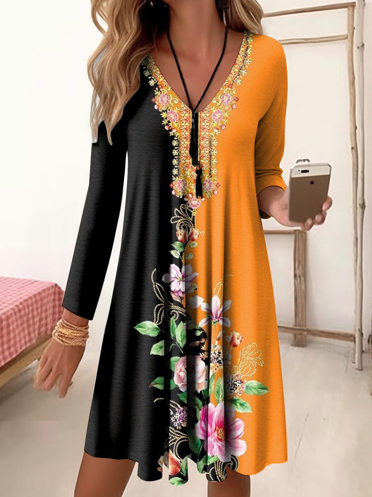 Plus Size Fashion V Neck Long Sleeve Floral Midi Dress