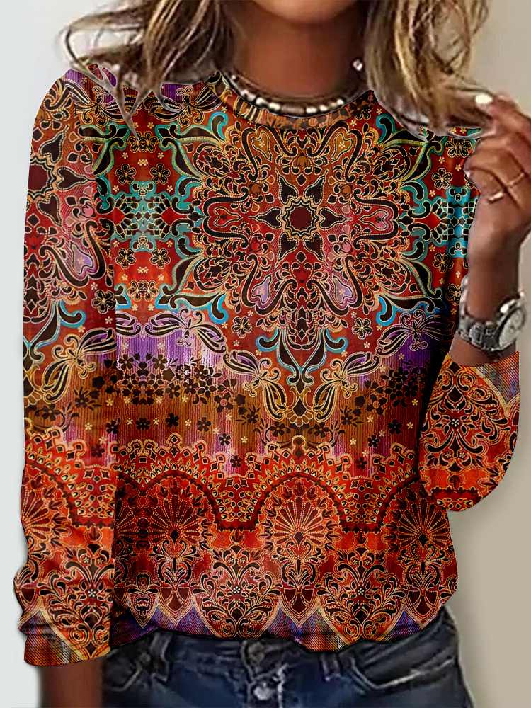 Casual Crew Neck Long Sleeve Ethnic Floral Fashion Regular T-Shirt