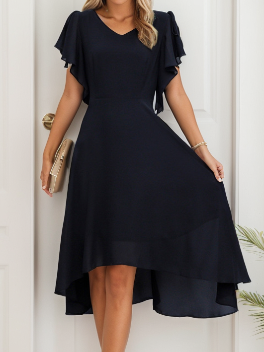 Simple V Neck Short Sleeve Plain Cross Midi Dress