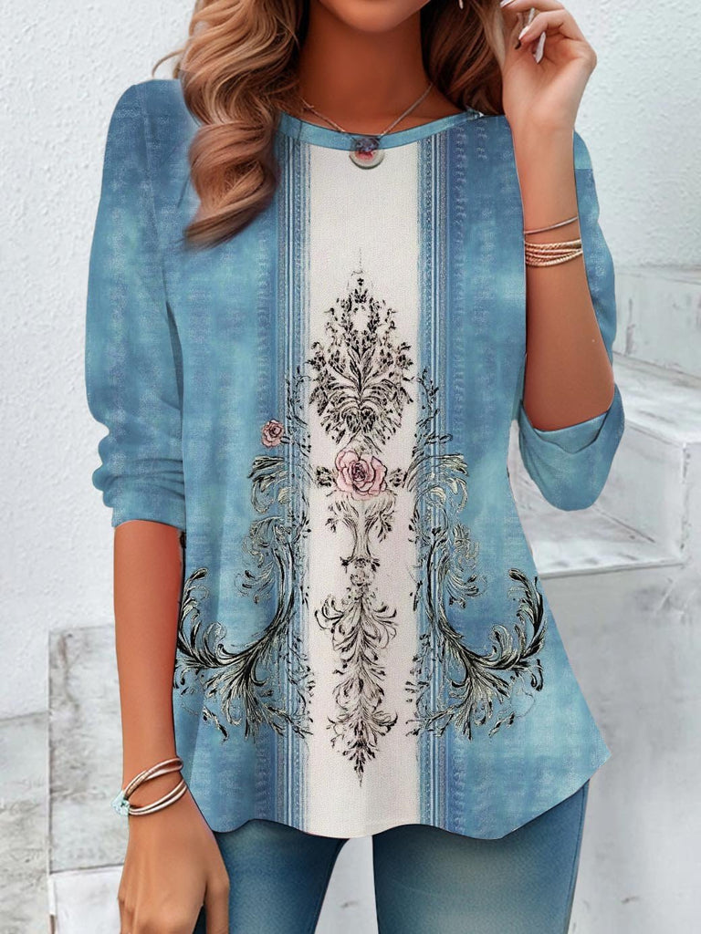 Vintage Crew Neck Long Sleeve Ethnic Loose Regular Blouse