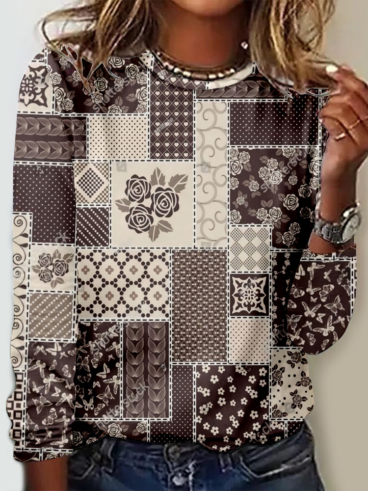 Fashion Crew Neck Long Sleeve Geometric Casual Regular T-Shirt