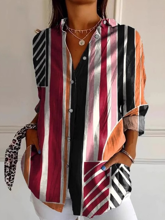 Fashion Long Sleeve Shirt Collar Geometric Loose Regular Shirt