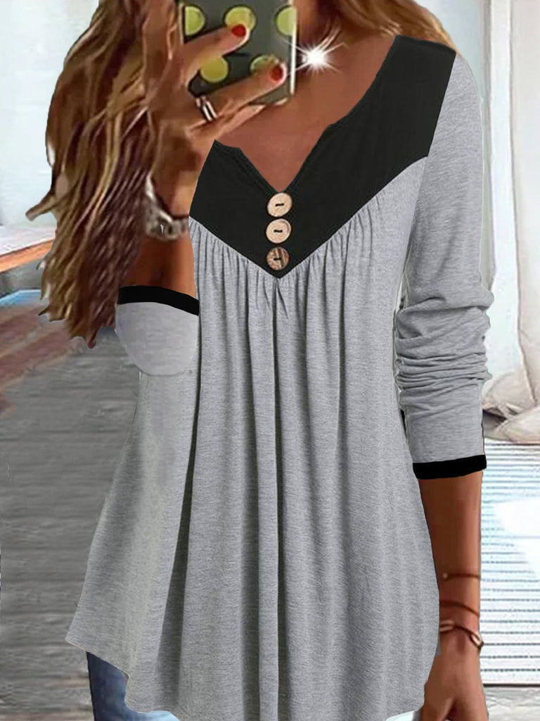 Fashion V Neck Long Sleeve Color Block Loose Regular Blouse