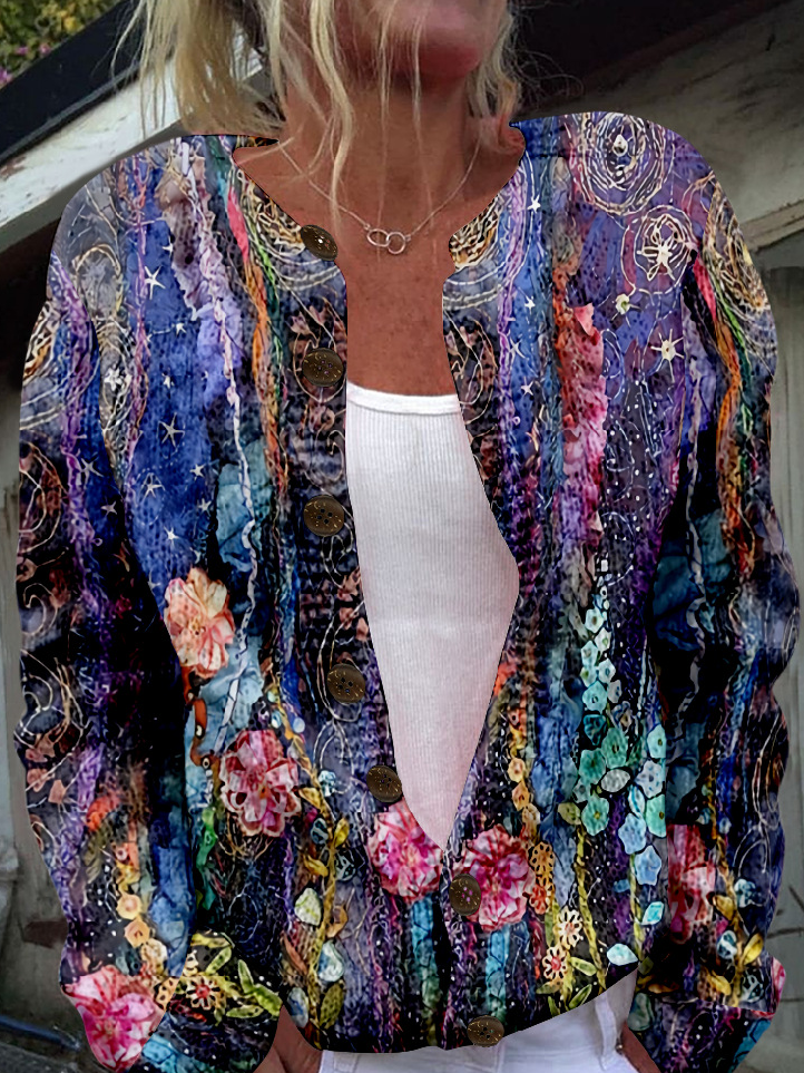 Loose Crew Neck Long Sleeve Floral Fashion Regular Jacket