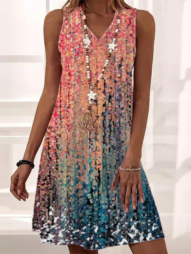 Fashion V Neck Sleeveless Gradient Pattern Loose Short Dress