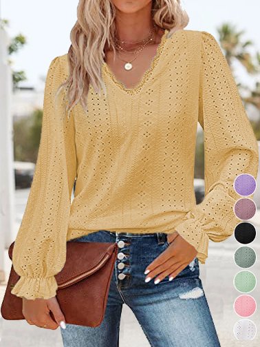 Loose V Neck Long Sleeve Plain Fashion Regular Blouses