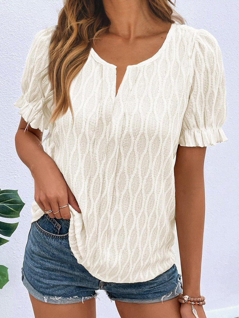 Fashion Short Sleeve Notched Plain Loose Regular Blouse