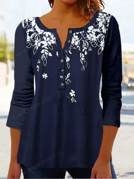 Loose Crew Neck Long Sleeve Floral Fashion Regular Blouses