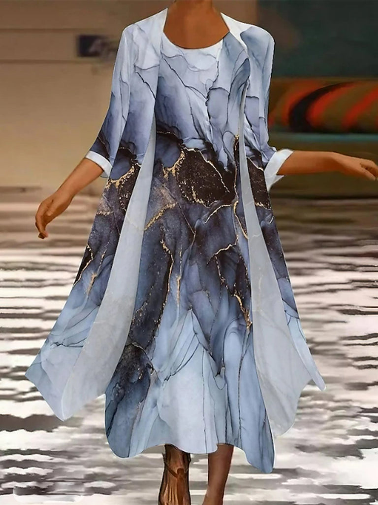 Fashion 3/4 Sleeve Crew Neck Random Print Loose Maxi Dress