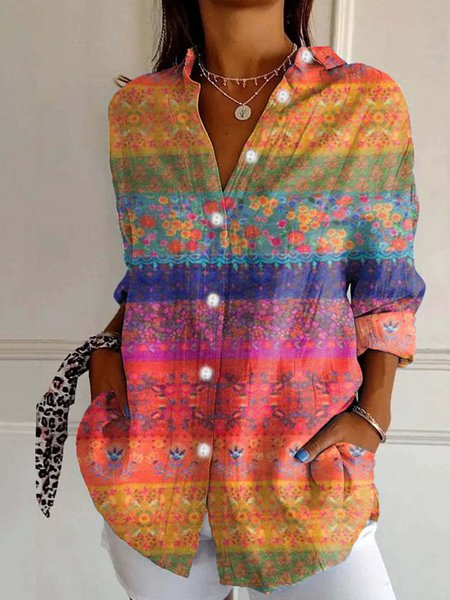 Fashion Long Sleeve Shirt Collar Abstract Floral Loose Regular Shirt