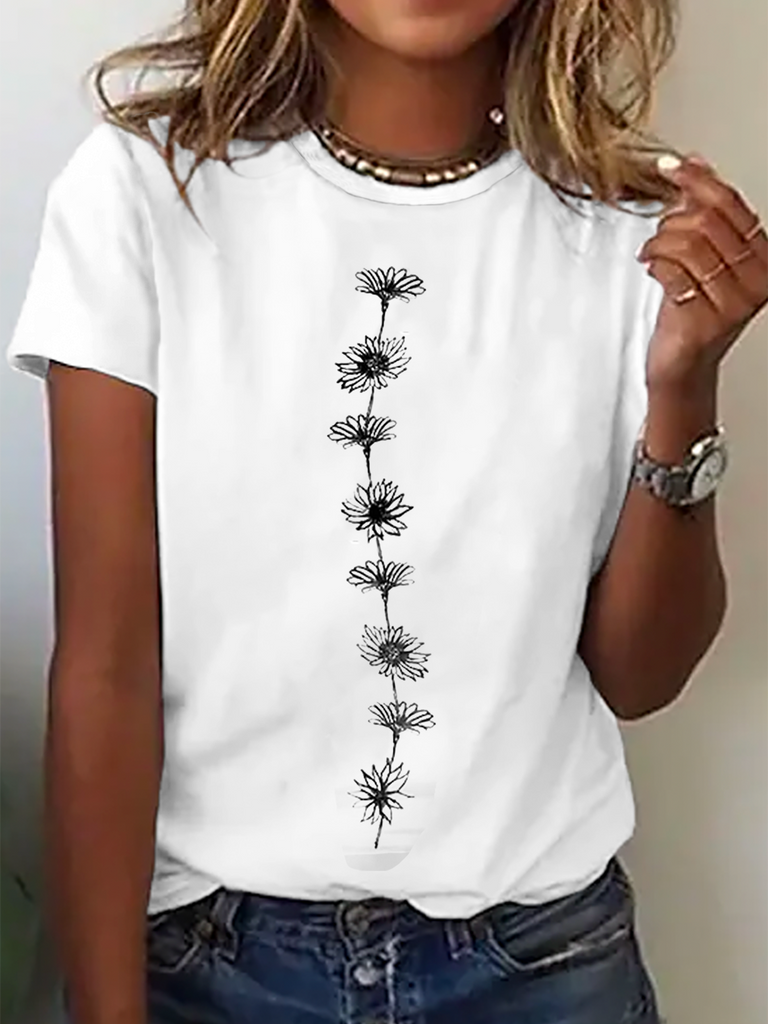 Loose Short Sleeve Crew Neck Floral Fashion Regular T-Shirt