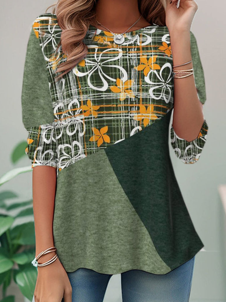 Casual Crew Neck Long Sleeve Floral Fashion Regular T-Shirt