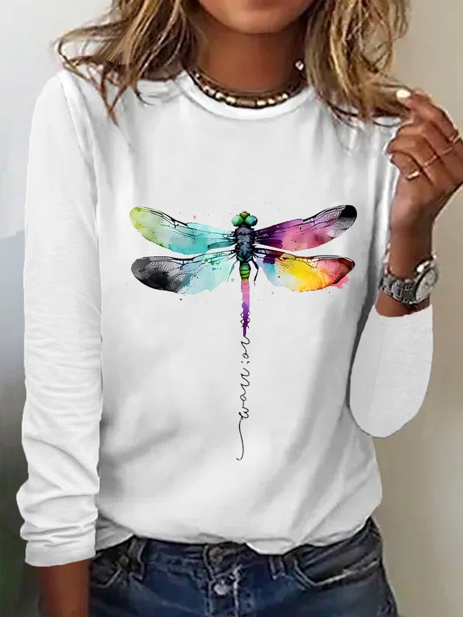 Casual Crew Neck Long Sleeve Dragonfly Fashion Regular T-Shirt