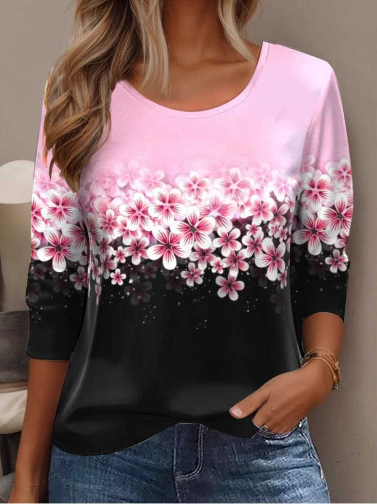 Fashion Crew Neck Long Sleeve Ethnic Floral Casual Regular T-Shirt