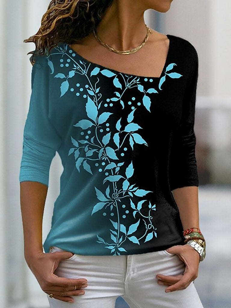 Fashion V Neck Long Sleeve Leaf Loose Regular Blouse
