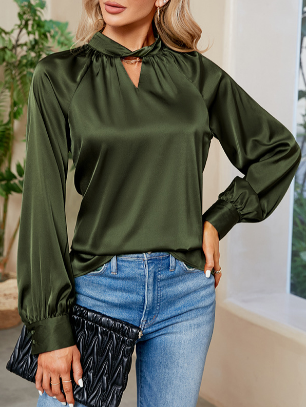 Fashion Crew Neck Long Sleeve Plain Regular Blouse
