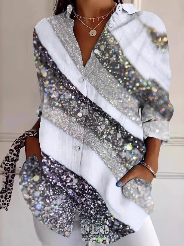 Fashion Long Sleeve Shirt Collar Geometric Loose Regular Shirt