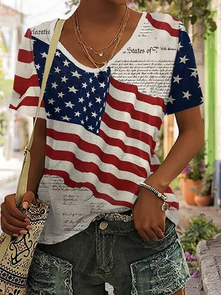 Casual V Neck Short Sleeve America Flag Fashion Regular T-Shirt