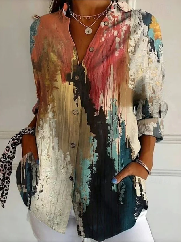Fashion Long Sleeve Shirt Collar Abstract Loose Regular Shirt