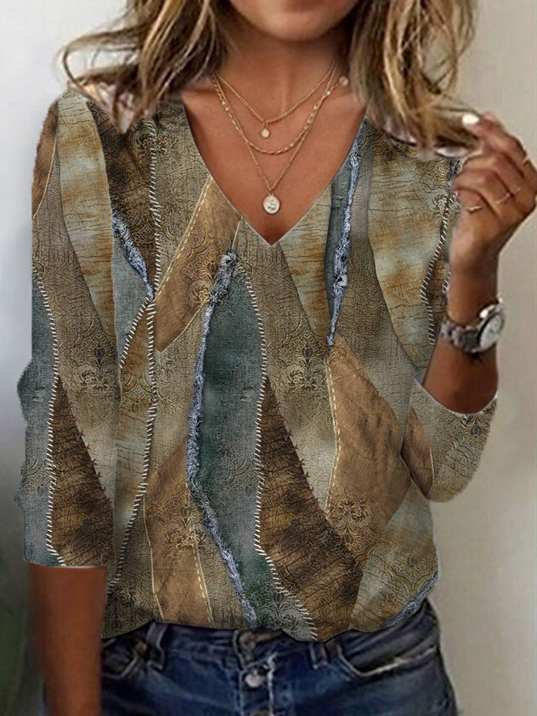 Casual V Neck Long Sleeve Geometric Regular T-Shirt