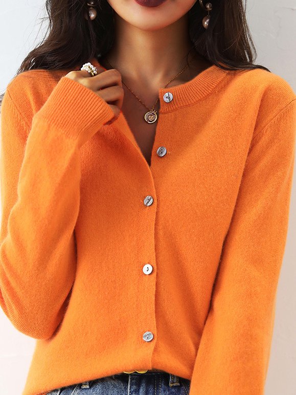 Loose Crew Neck Long Sleeve Plain Fashion Regular Cardigan