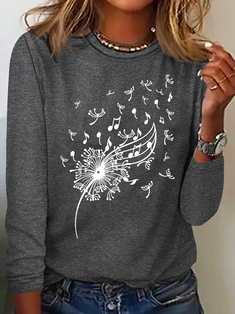 Vintage Crew Neck Long Sleeve Music Loose Regular T-Shirt