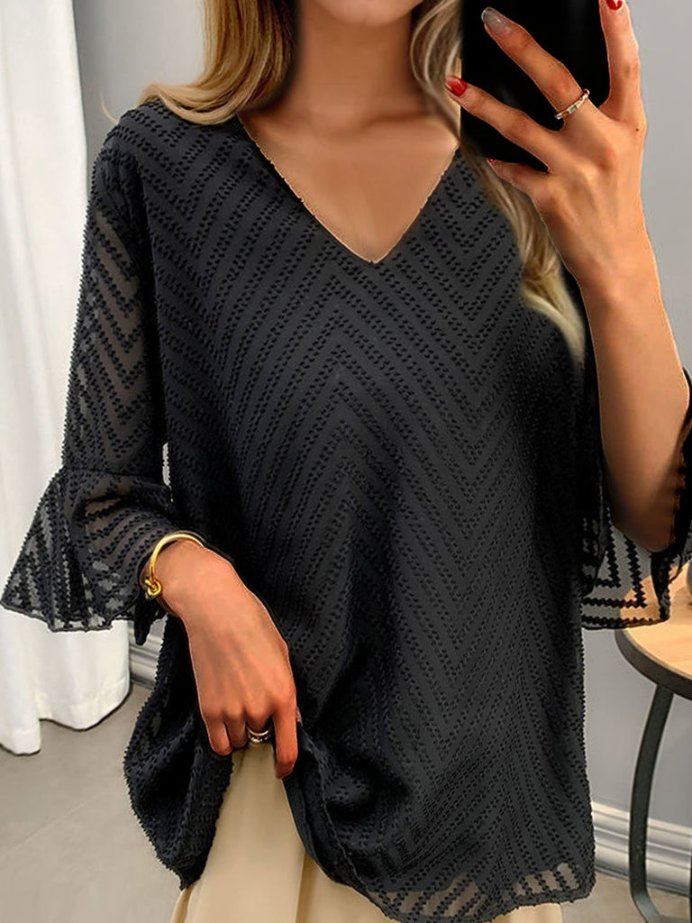 Loose 3/4 Sleeve V Neck Plain Fashion Regular Blouse