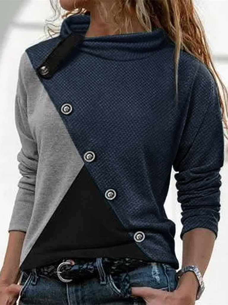 Loose Long Sleeve Color Block Fashion Regular Blouse