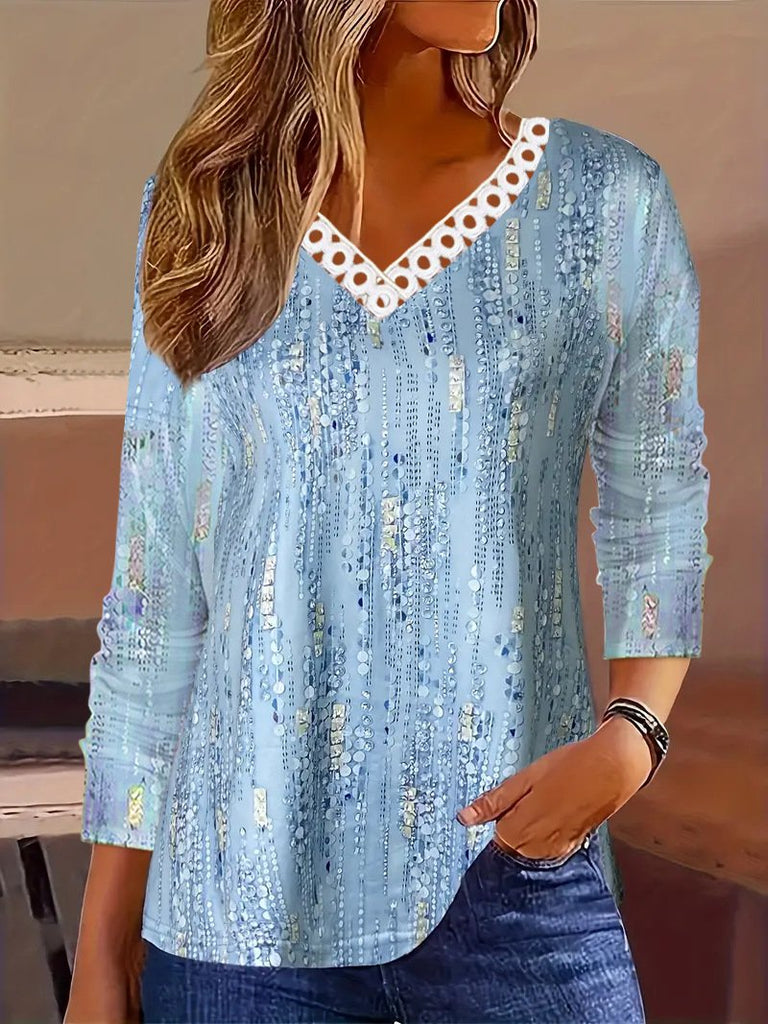 Casual V Neck Long Sleeve Floral Fashion Regular T-Shirt