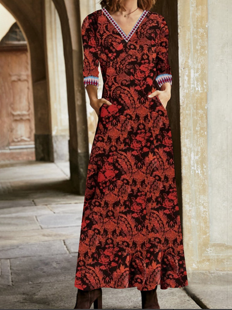 Boho V Neck Long Sleeve Ethnic Floral Maxi Dress