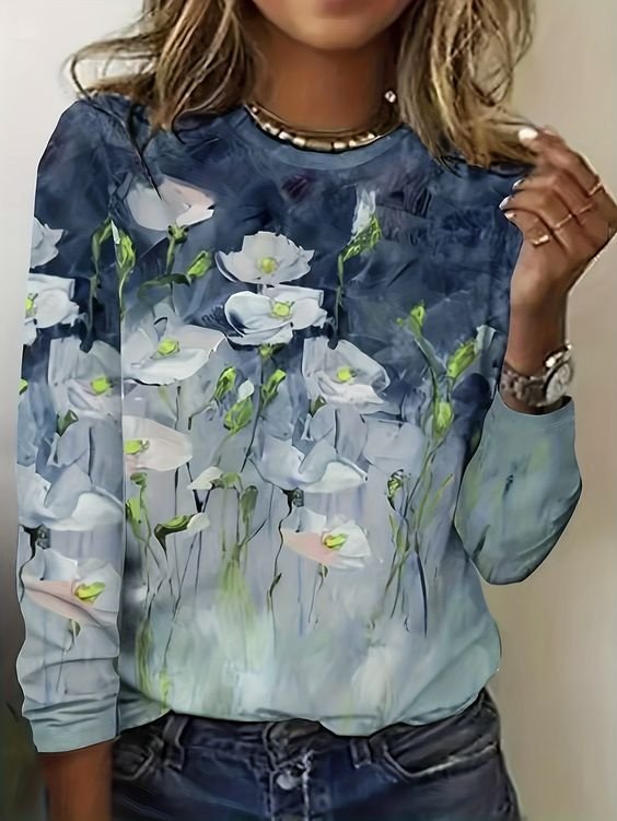 Casual Crew Neck Long Sleeve Floral Fashion Regular T-Shirt