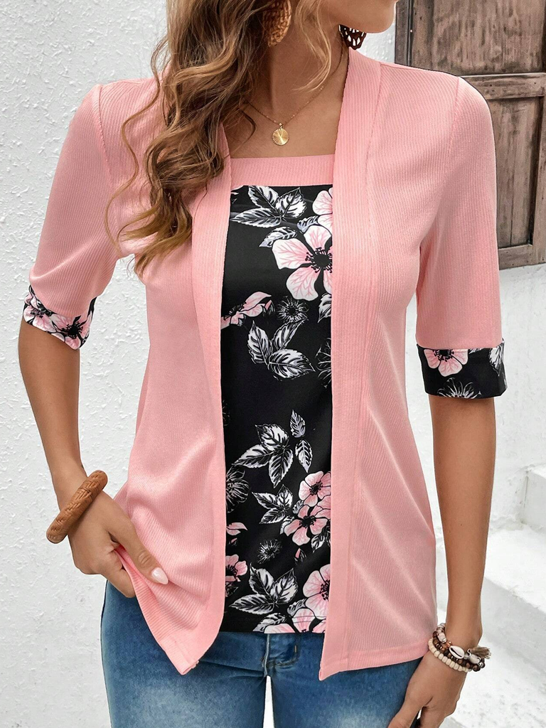 Loose Short Sleeve Square Neck Floral Fashion Mid-Long Blouse