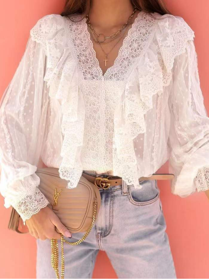 Loose V Neck Long Sleeve Plain Fashion Regular Blouse