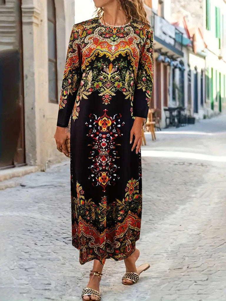 Fashion Long Sleeve Geometric Floral Maxi Dress