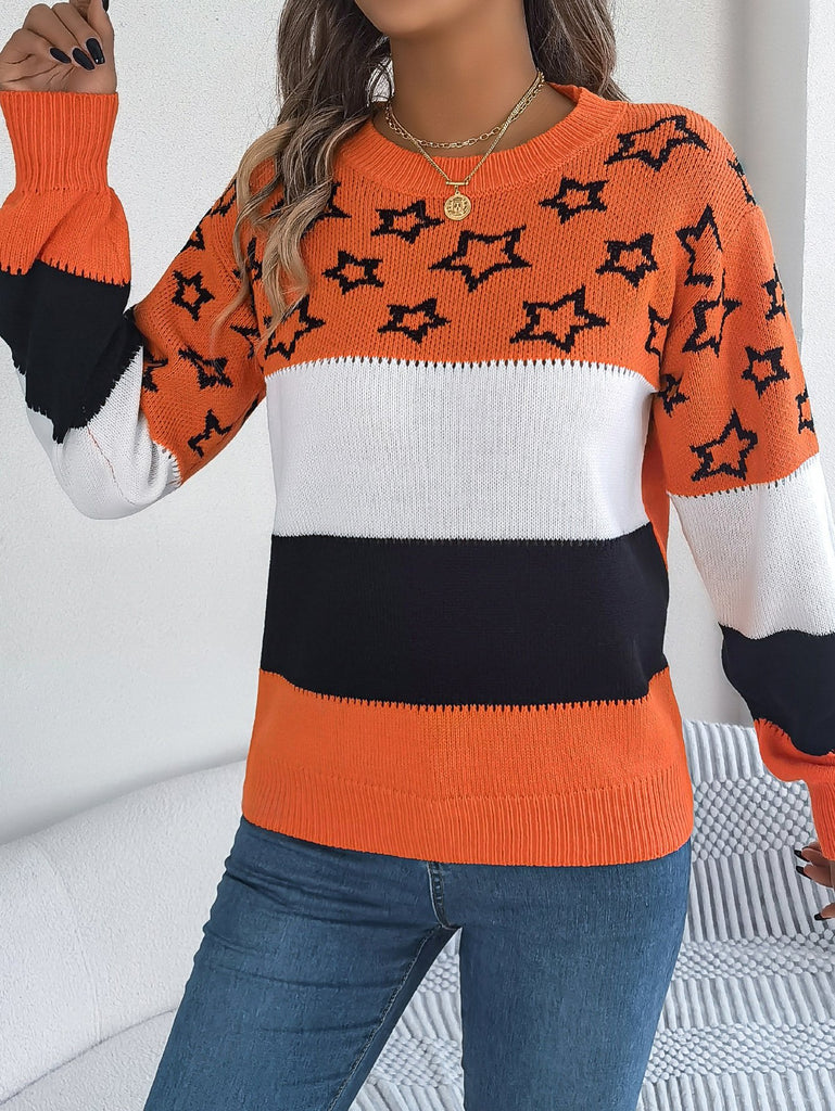 Fashion Crew Neck Long Sleeve Striped Loose Regular Sweater