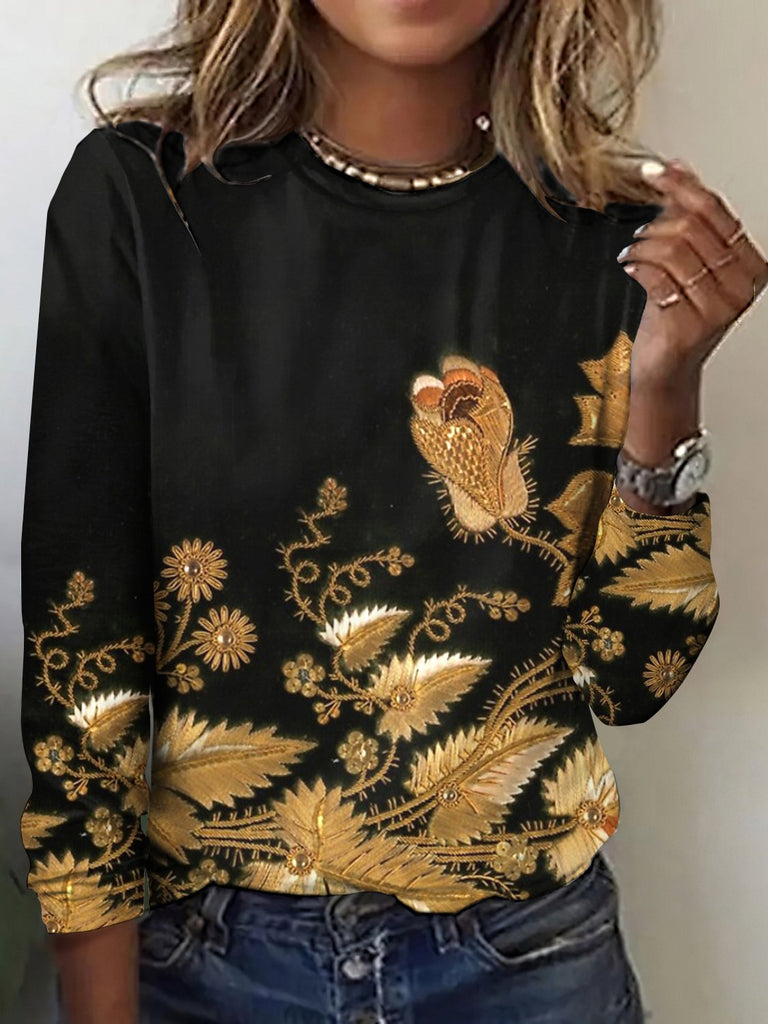 Vintage Crew Neck Long Sleeve Plaid Regular T-Shirt