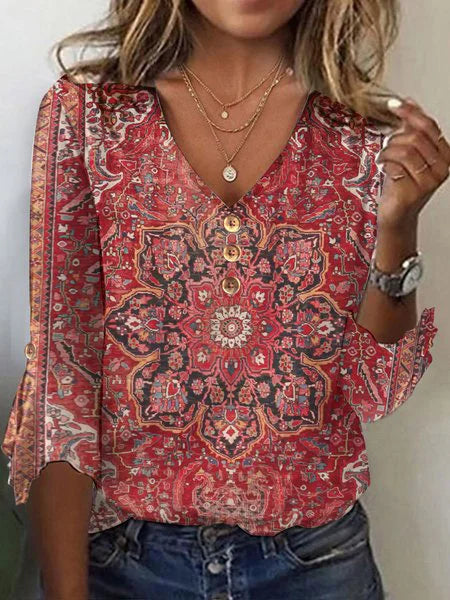Fashion 3/4 Sleeve V Neck Ethnic Casual Regular T-Shirt