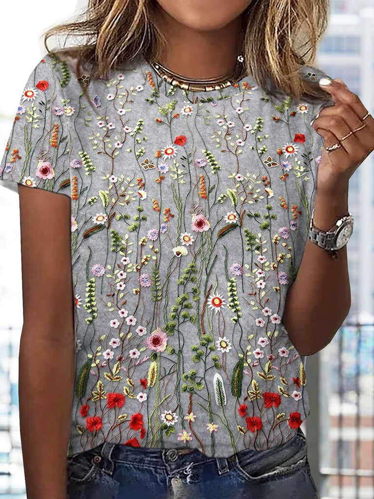 Fashion Short Sleeve Crew Neck Floral Loose Regular T-Shirt