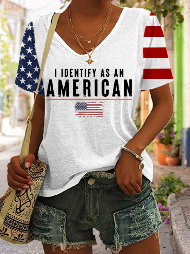 Fashion V Neck Short Sleeve Independence Day Casual Regular T-Shirt