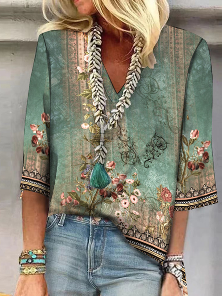 Fashion Half Sleeve V Neck Floral Casual Regular Blouses