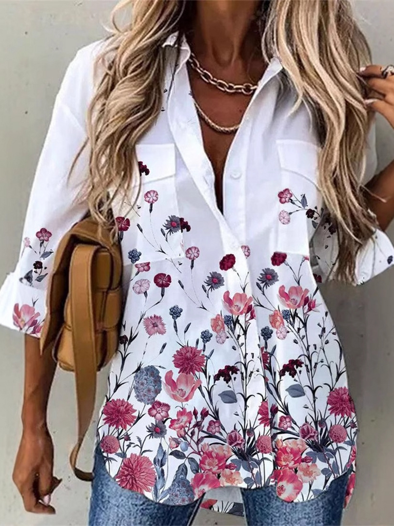 Fashion Long Sleeve Shirt Collar Ethnic Floral Loose Regular Shirt